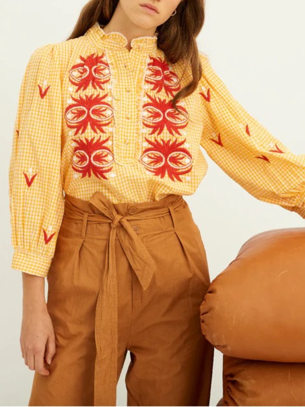 Antik Batik Gingham Embroidered Cotton Blouse Top Women's Small